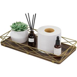 Lixple Toilet Paper Basket Holder, 13" Toilet Tank Tray, Wood and Metal Toilet Tray Vanity Organizer Bathroom Tray, Kitchen Sink Organizer for Soap Dispenser (Brown+Gold)