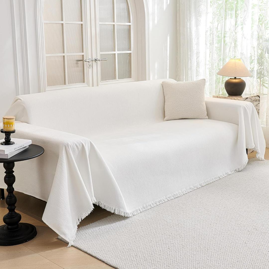 MYSKY HOME Sofa Covers for 2 Cushion Couch L Shaped Couch Cover Washable Couch Cover with Tassels Boho Couch Covers Non Slip Super Universal Soft Sofa Slipcover for Kids, Dogs, Pets, 71"x118", White