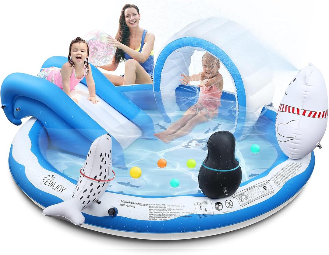 Inflatable Play Center, EVAJOY Kiddie Pool with Slide for Children, Sprinkler, Ice & Snow Theme with Inflatable Dolls, Easy Setup for Garden, Backyard, Indoor Usage (72''x68''x8.5'')