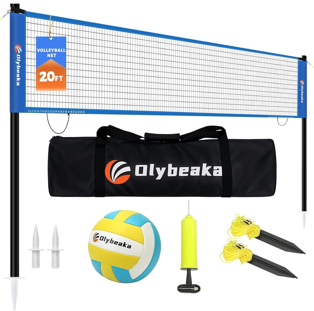 Portable Outdoor Volleyball Net Set for Backyard Beach with Adjustable Poles, Soft PU Volleyball & Pump, Carry Bag and Durable Anti-Sagging Net