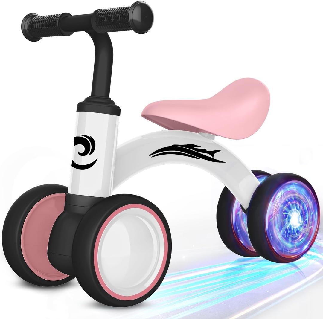 Colorful Lighting Baby Balance Bike Toys for 1 Year Old Girl Gifts, 10-36 Month Toddler Balance Bike, No Pedal 4 Silence Wheels & Soft Seat Pre-School First Riding on Toys, 1st Birthday Gifts (White Pink)
