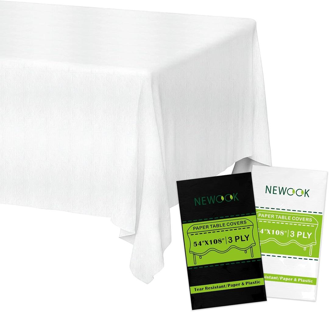 White Paper Tablecloths Disposable for Rectangle Tables 6 Pack, 3 Ply Paper & Plastic Quality Table Cloth for Parties, 54 x 108 Inch Birthday Table Cover Outdoor Wedding Banquet Tablecover