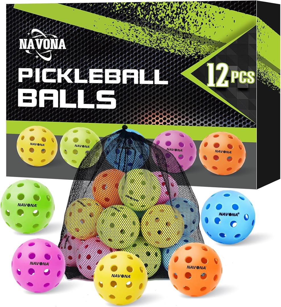 Navona 12 Pack Premium 40-Holes Colorful Outdoor Pickleball Balls, Meet USAPA Official Requirement, Perfectly Balanced, High Bounce True Flight, Durable Outdoor Pickleball Set