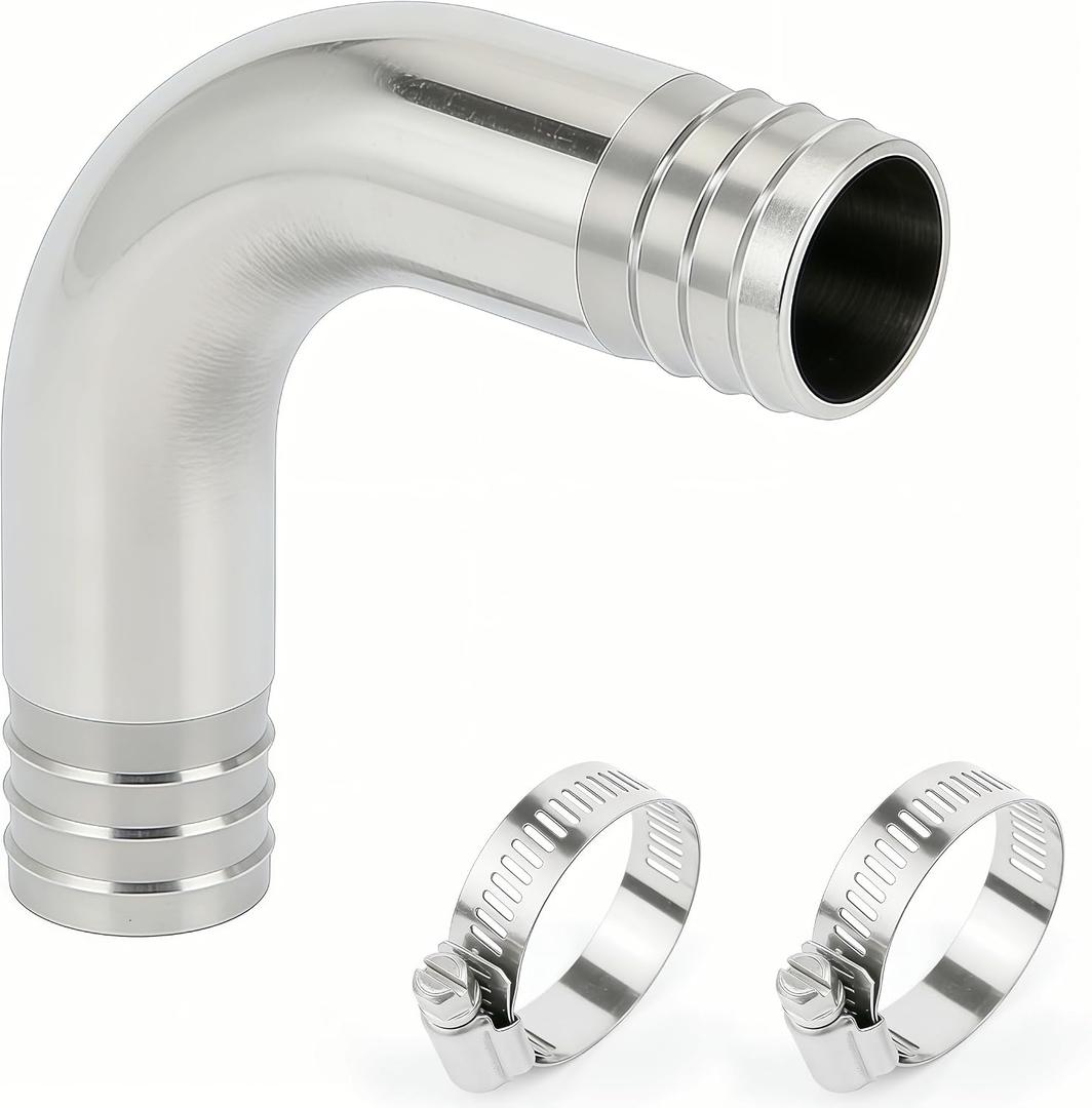 304 Stainless Steel 90 Degree Elbow Hose Barb Fitting, 1-3/4" x 1-3/4", Silver, 1pc with 2pcs Hose Clamps