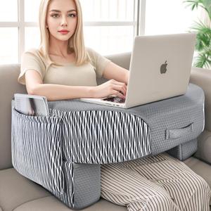 LEBENGURU Reading Pillow for Laptop, Extra Large Armrest Gaming Pillow for Working, Hight Adjustable Lap Desk Pillow for Adult Sitting in Bed, Floor, SofaStripe and Grey