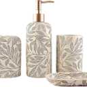 Hymmah Bathroom Accessories Set,Toothbrush Holder,Farmhouse Bathroom Decor,4 Pcs Resin Gift Set Apartment Necessities, Contain Toothbrush Cup,Soap Dispenser,Soap Dish,Tumbler (Leaf Grey Yellow)