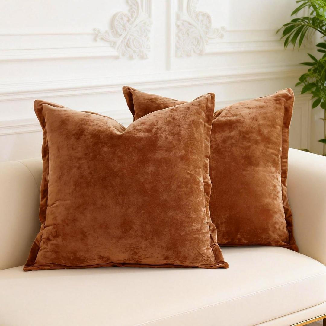 Greek Velvet Euro Sham Covers Set of 2 26x26 Luxury Soft Solid Pillow Covers for Living Room Bedroom Yard,Caramel