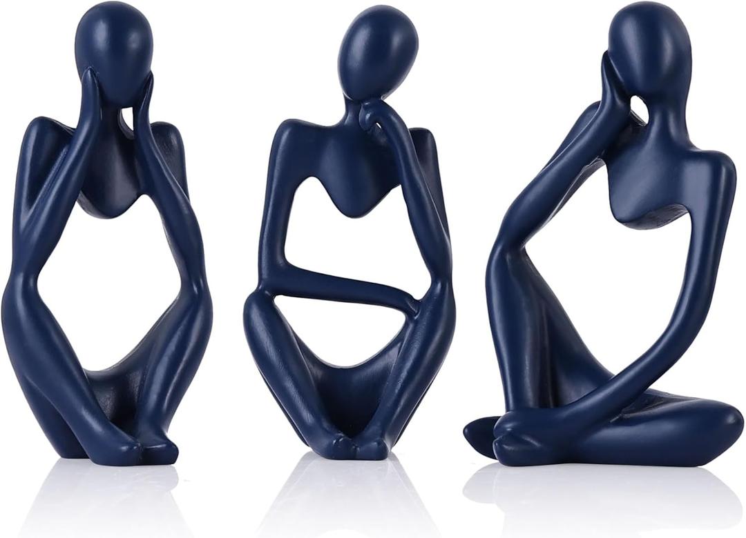 Navy Blue Thinker Statue Decor for TV Stand, Shelf, Desk, or Coffee Table - Set of 3 Resin Figurines for Living Room Decorative Objects, Modern Sculpture, Minimalist Bookcase Decor, Home Accents