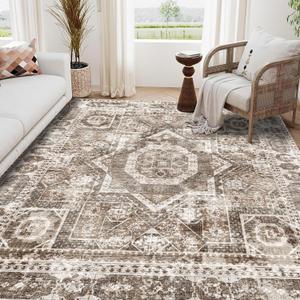 Machine Washable Rug 9' x 12' Vintage Design Area Rugs with Non Slip Rugs for Living Room Bedroom Carpet Stain Resistant, Home Decor Office Boho Rug, Ivory