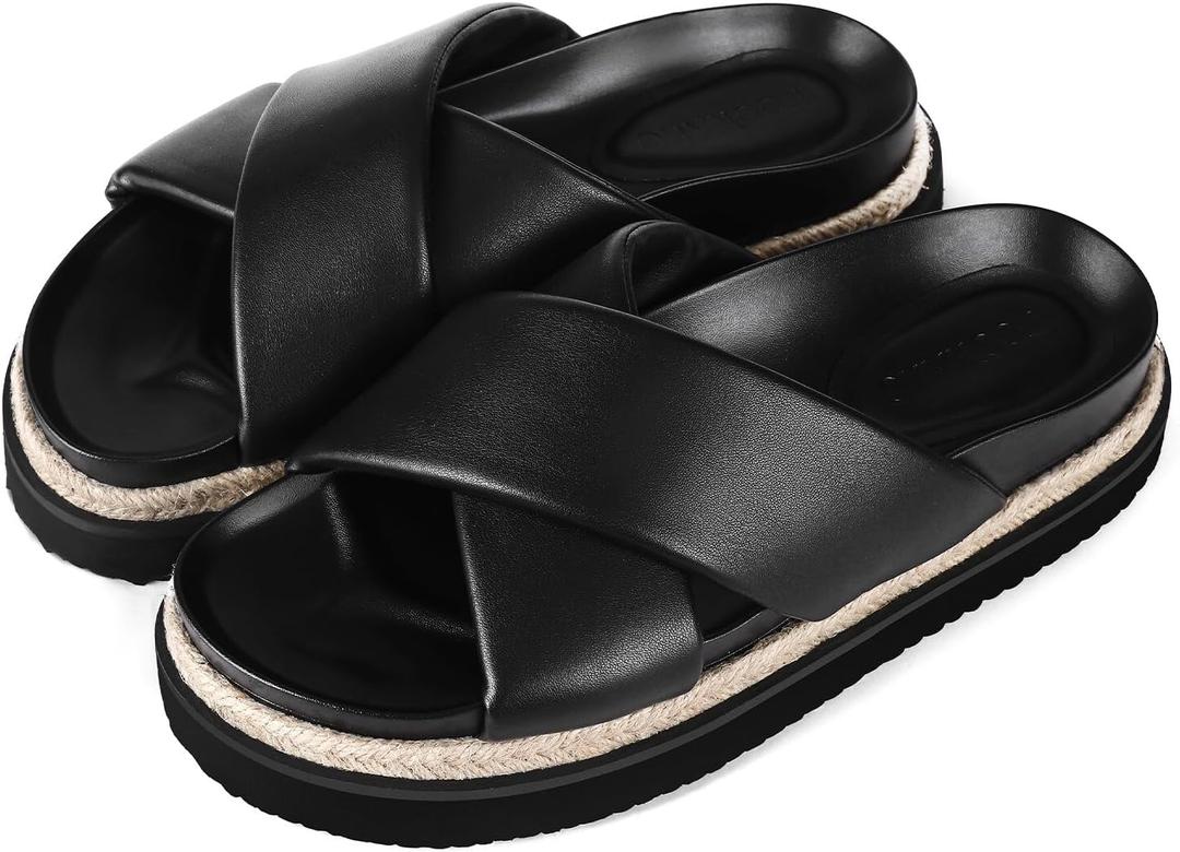 Platform Sandals for Women 2025 Raffia Espadrilles Slides Slip On Open Toe Summer Sandals with Criss Cross Decor (Black, 39)