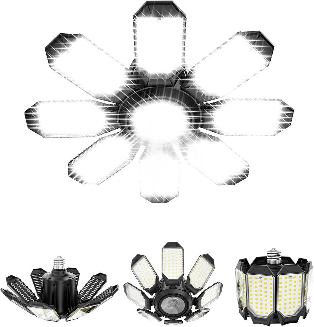 Garage Lights, Super Brighter Deformable Garage Light Ceiling LED Shop Light with 8 Plus 1 Panels, 200W Equivalent, 6500K Best Garage Light E26 Base for Basement Barn Attic Storage - 4Pack