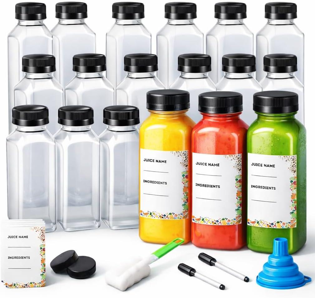 40 x Plastic Juice Bottles with Caps, Reusable Leakproof, 250ml 350ml 500ml, Transparent, BPA Free, Square, 24 Count, for Juices and Smoothies (50, 8.5, Fluid Ounces)