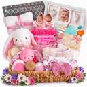 Luxury 36 Pcs Baby Girl Gift Basket Premium Newborn Essentials, Baby Shower Gender Reveal Gifts,Baby Books Blanket Footie Pajamas Portable Diaper Changing Pad,Baby Gift Basket for Girls,Large,Pink