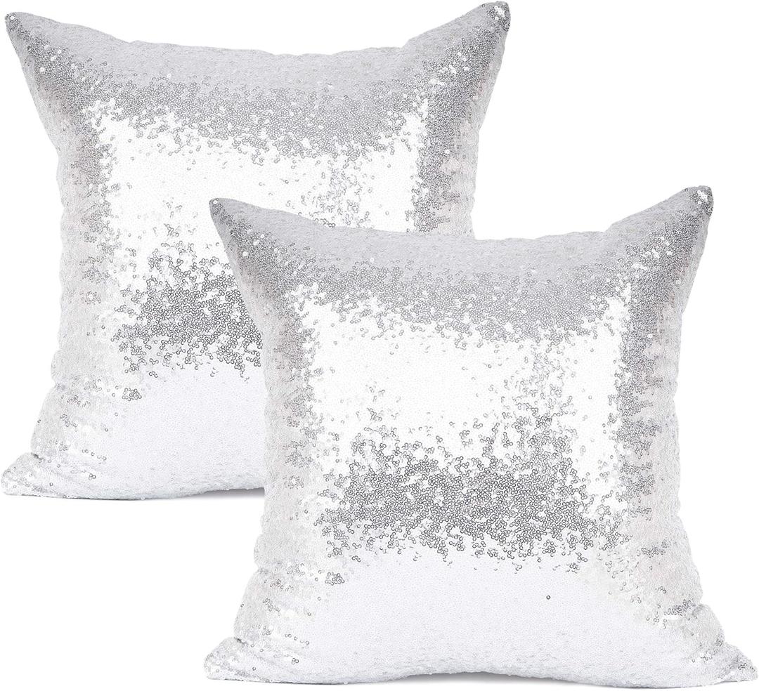 YOUR SMILE Pack of 2, New Luxury Series Silver Bling Decorative Glitzy Sequin & Comfy Satin Throw Pillow Cover Cushion Case for Wedding/Christmas,22"x22"