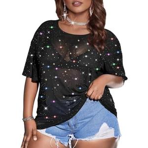 Buauty Plus Size Glitter Sheer Mesh Tops for Women Summer Black See Through T Shirt 2026 Sparkly Sexy Country Concert Outfits, Size 0XL