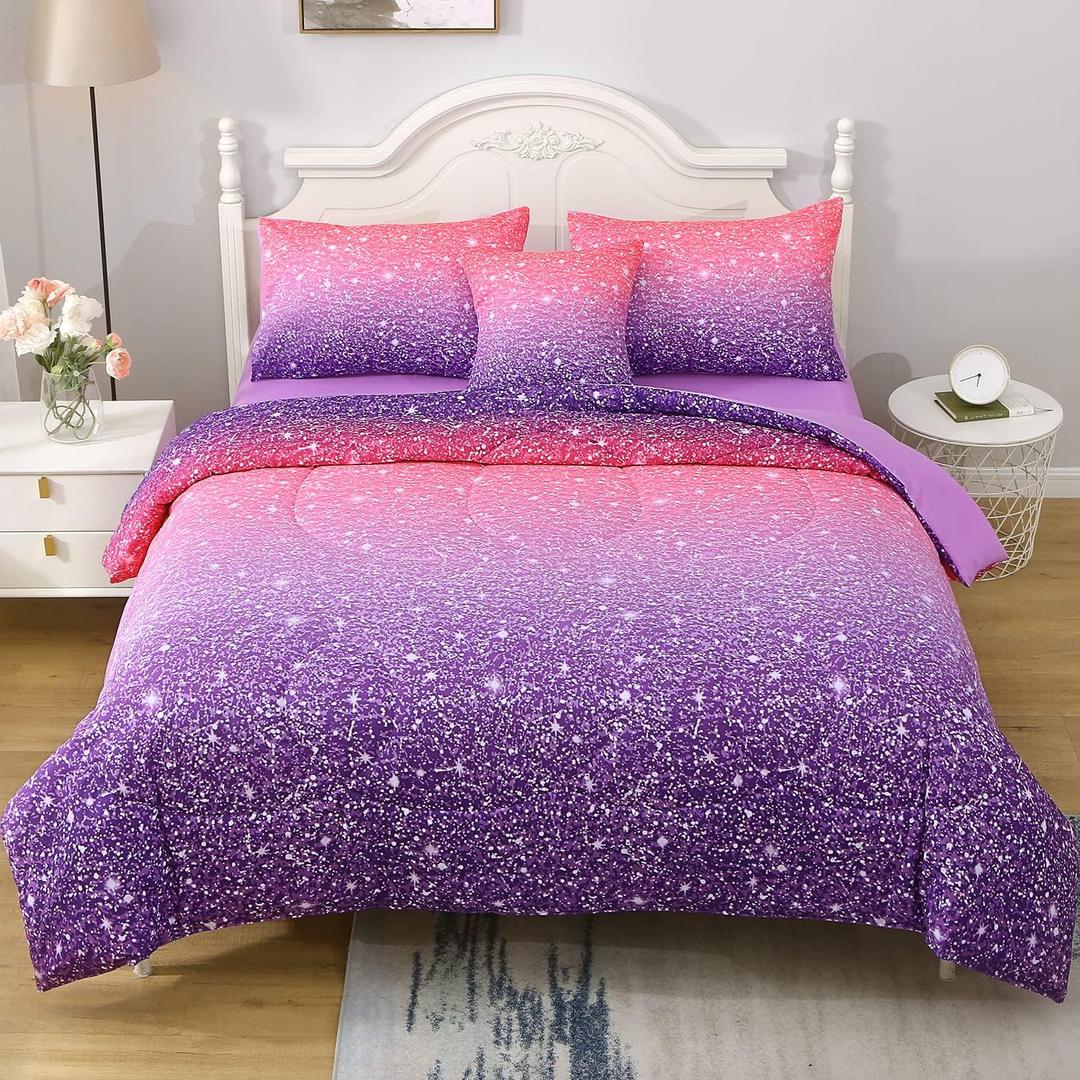 JQinHome Full Size Pink Purple Comforter Set, 6 Piece Bed in A Bag 3D Colorful Bedding Set for Girls Women(1 Comforter,2 Pillowcases,1 Flat Sheet,1 Fitted Sheet,1 Cushion Cover)