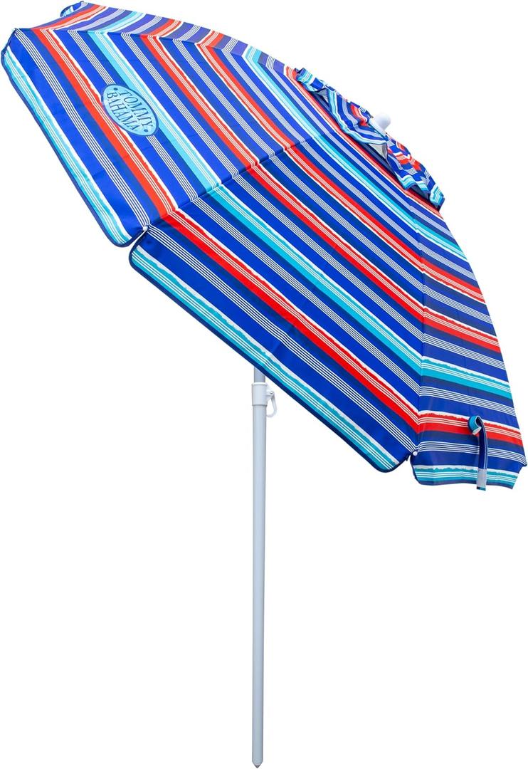 Tommy Bahama 6' UPF 50+ Tilt Beach Umbrella with Integrated Sand Anchor, Wind Vent, and Carry Bag (Red and Blue Stripe)
