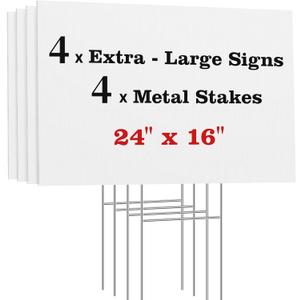 ComboJoy Blank Yard Signs with Stakes, 24 x 16 Inches Corrugated Plastic Custom Sign, Sturdy Stakes and Double-Sided, 4 Pack Large Sign for Garage, Rent, Birthday, Real Estate, Open House, and Guidepost