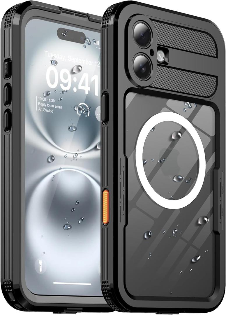 for iPhone 16 Plus Waterproof Case, with Built-in Screen Protector Dustproof Shockproof [Compatible with MagSafe] Full Body Underwater Protective Phone Cover for iPhone 16 Plus 6.7" (Black, 16 Plus)
