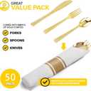 50Guests Pre Rolled Gold Plastic Silverware Sets - Heavy Duty Gold Cutlery - Include 50 Pack Wrapped Disposable Utensils with Napkins for Parties, Dinners & Weddings