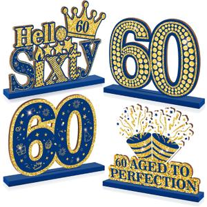 Happy 60th Birthday Table Decorations Blue 60th Birthday Table Centerpieces Sign Navy Blue Gold 60th Birthday Party Supplies Decorations for Men Women Wooden Vintage 1964 Centerpieces for Tables Decor