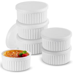Koluti 6-Pack Nonstick Silicone 4oz Ramekins with Lids, Oven Safe Creme Brulee Baking Small Bowls, Souffle Ice Cream Pudding Dessert Dipping Sauce Cups, BPA Free, Microwave & Freezer & Dishwasher Safe (Round-White)