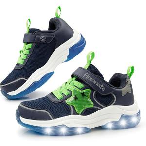 Floranate Little Kids Light Up Shoes for Girls Boys Tennis Sneakers with Switch Strap Walking Shoes Athletic Footwear Toddler (Navy Green Light Up Shoes, 1 Little Kid)