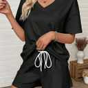 SHEWIN Women's 2 Piece Short Sets V Neck Short Sleeve T-Shirts and Drawstring Shorts Beach Vacation Outfits with Pockets (Black, S)