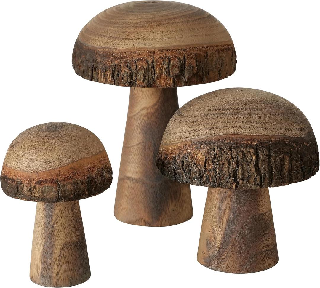 WHW Whole House Worlds Farmers Market Mushrooms, Set of 3, Decorative Kitchen Figurines, Rustic Art, Pine Wood, Bark Details, 4.75 Inches