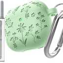 Pack Of 2 DamonLight Flora Engraved Case for AirPods 4 Cover Shock-Proof Protective Soft Silicone Case with Keychain for Apple Airpods 4th Generation 2024 Released (Grass Green)