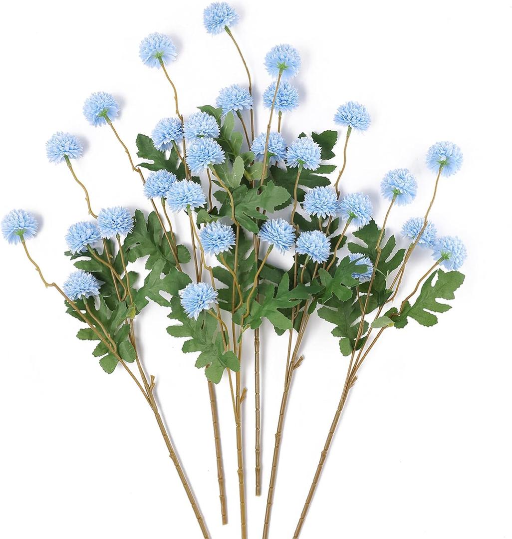mizii 6Pcs Blue Fake Silk Pompon Mum Artificial Flowers Bulk Small Faux Chrysanthemums with Stems Realistic Floral Decorations for Wedding DIY Bouquet Centerpieces Shower Vase Home Decor (Light Blue)