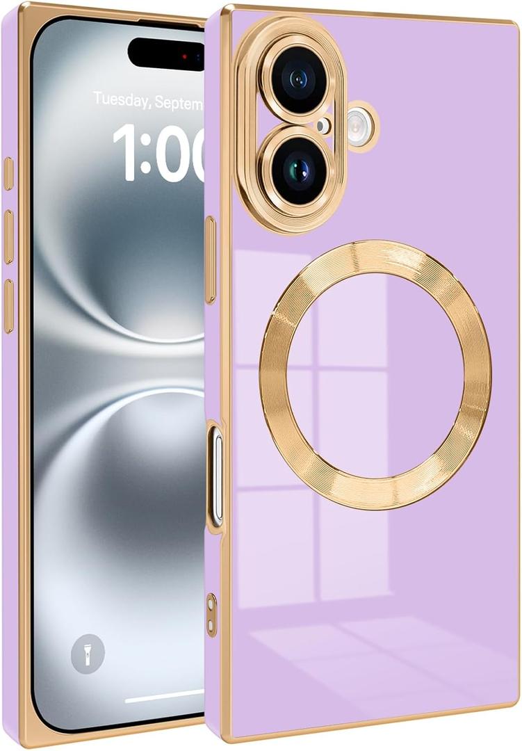 Magnetic for iPhone 16 Case Compatible with Magsafe, Scartchproof Plated Soft TPU with Full-Covered Lens Support Magnetic Wireless Charging Phone Case for iPhone 16 Purple