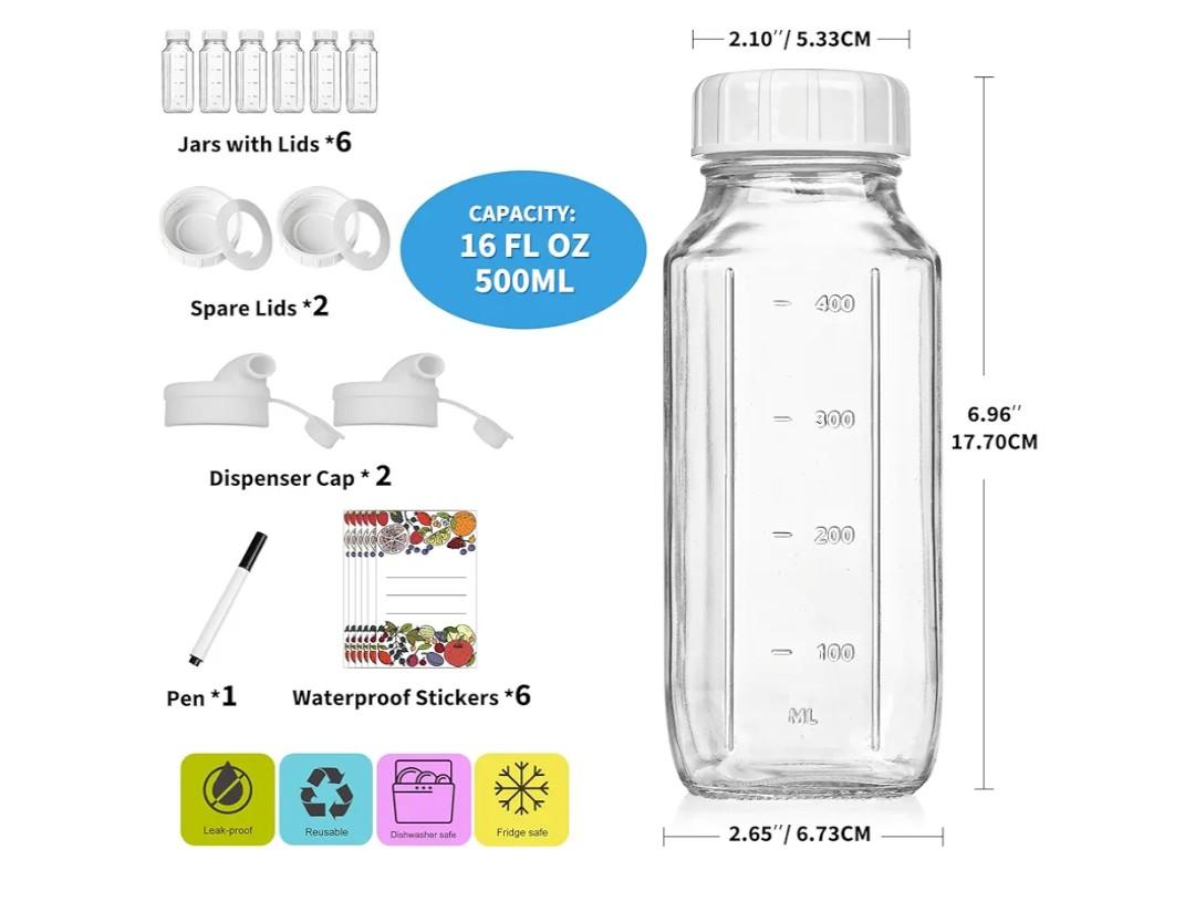6 Pack 16 Oz Glass Juice Bottles with 2 Pour Spouts, 100% Airtight Heavy Duty SCREW Lid- Reusable Glass Milk Bottles w Scale Mark, Square Drinking Jar Juice Container Breast Milk Pitcher