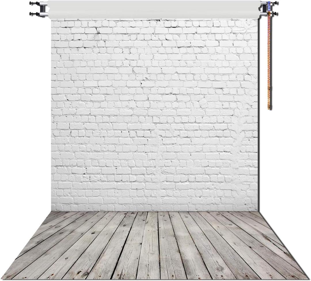 HUAYI 5X7ft White Brick Wall with Gray Wooden Floor Photography Vinyl Backdrop D-2504