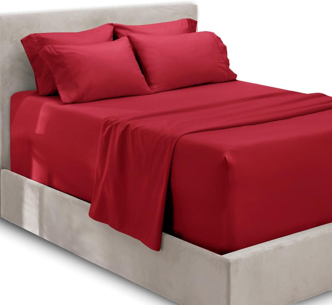 Hearth & Harbor Bed Linen Set - King Size, 6 Piece, Extra Deep Pocket, Burgundy, Microfiber