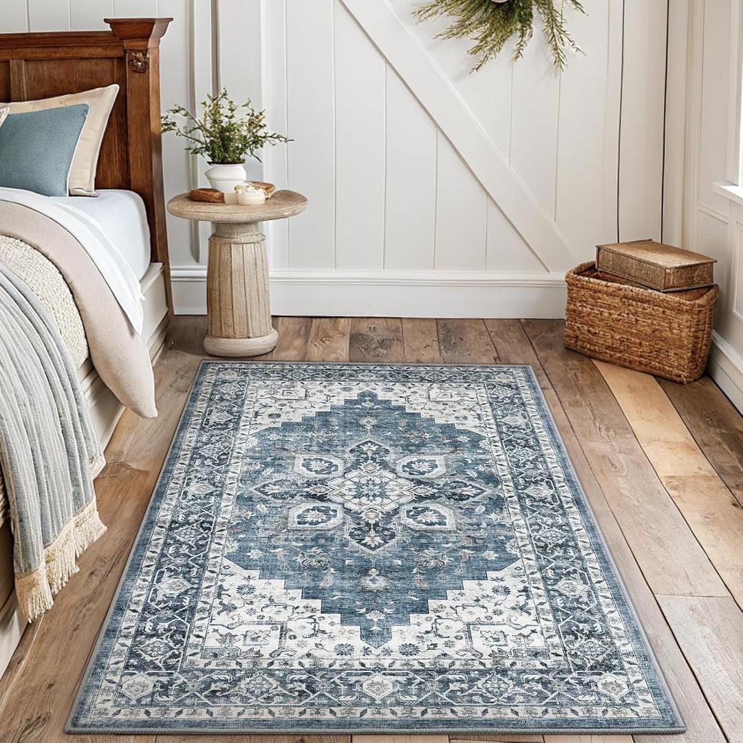 AMADA HOMEFURNISHING 3x5 Washable Area Rug, Low-Profile Entryway Rug with Non-Slip Backing & Durable Edge Binding, Vintage Rugs for Bedroom, Entryway & Kitchen (Blue)