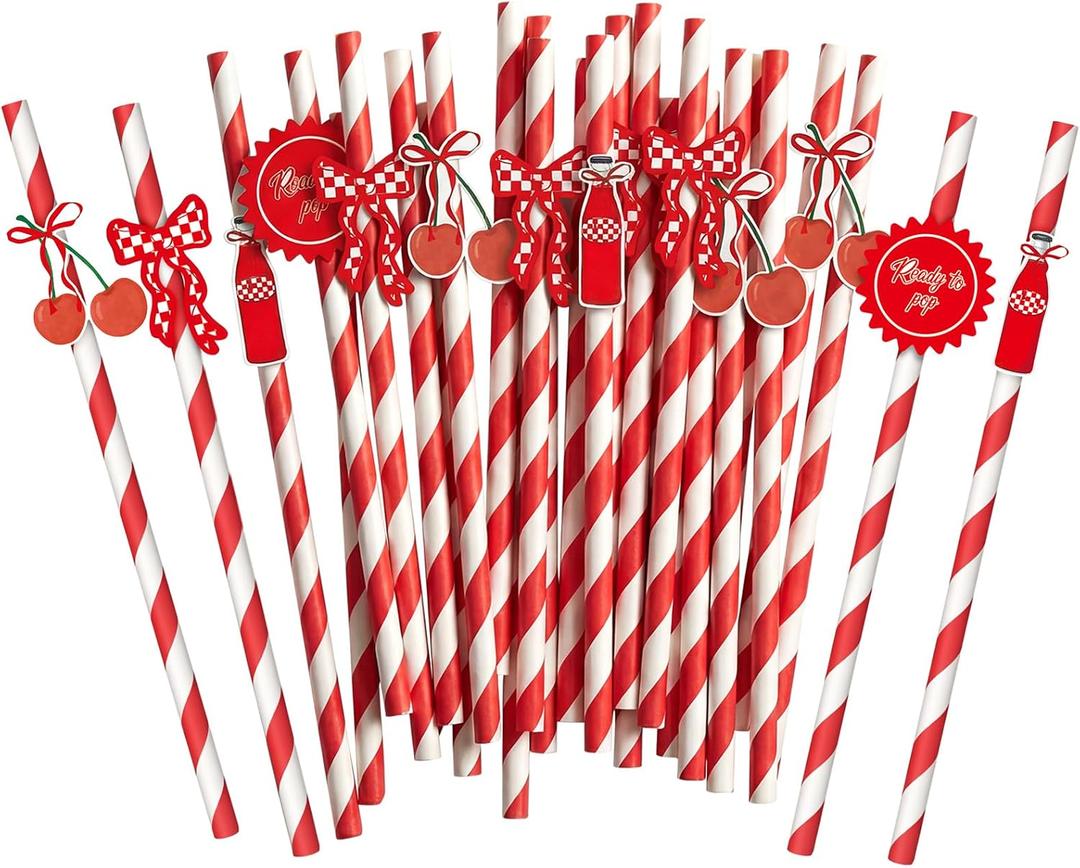 Rtteri 100 Pcs She's Ready to Pop Baby Shower Decorations She's About to Pop Disposable Drinking Straws Red White Paper Straws Soda Bow Cherry Decorations for Gender Reveal Newborn Pregnancy Party