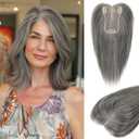LONAI Real Human Hair Topper, 10 Inch 100 Human Hair Toppers for Thinning Hair, Large Hand-woven area Coverage Natural Hairpiece Wiglet for Women Daily 5"x3.5" Silk Base-Silver Gray With Brown Mixed