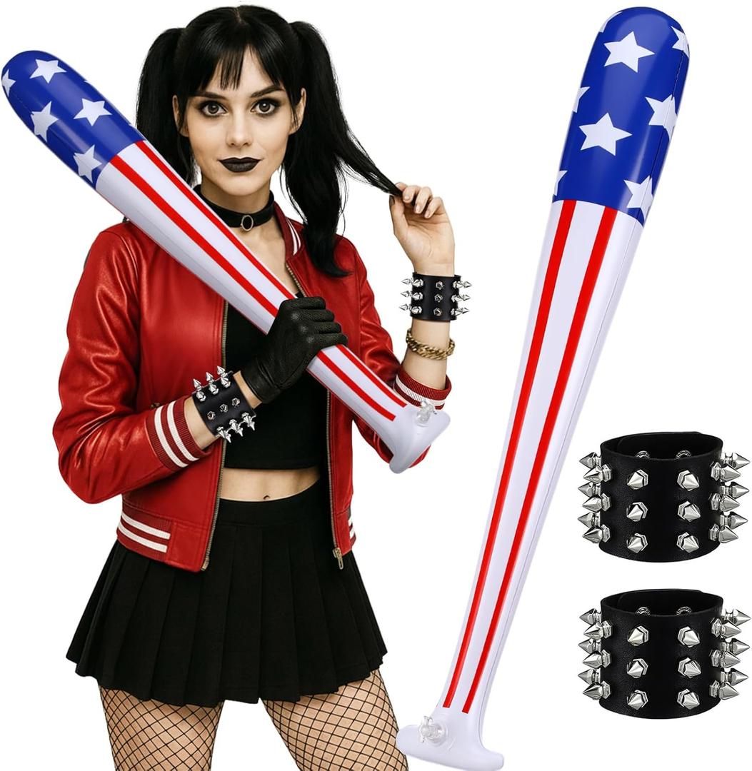 2 x 3 Pcs Halloween Women Jester Costumes Accessory Set Inflatable Baseball Bat Spike Leather Punk Cuff Bracelet Women