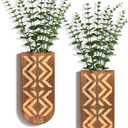 2 Pack Wooden Wall Vase Set, Wall Planter for Indoor Plants, Modern Farmhouse Art with Carving, Boho Wall Decor for Entryway, Hallway, Bathroom, Living Room, Dining Room (Dark Brown-carving)
