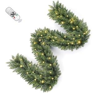 9FT Pre-Lit Artificial Christmas Garland with Dual Color LED Lights and Timer by Remote Control and Batteries Operated, Holiday Decorations, for Indoor Door Home Stairs Fireplaces Wall