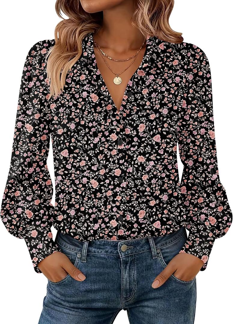 Zeagoo Women Button Down Shirts Lantern Long Sleeve Tops Business Casual Chiffon Blouses Trendy Work Clothes (Black, L)