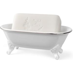 6.5" Ceramic Mini Decorative Clawfoot Bathtub Bar Soap Dish, Kitchen Sponge Holder and Shower Tray for Bathroom, 1 Pack (White Silver Rim)