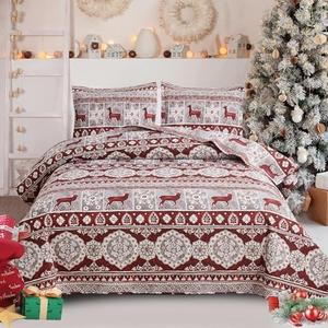 Christmas Quilt Set Full/Queen Size Moose Deer Bedding Sets Xmas Lodge Cabin Bedspread Coverlet Lightweight Rustic Bedding Cover Red Grey Elk Snowflake Holiday Xmas Quils Western Country Decor