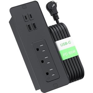 Drawer Outlet with PD 65W USB C, Recessed Power Strip with 3 Outlets 4 USB Ports, Recessed Outlet with 2M Flat Plug Cable for Side Table Sofa Table, Black