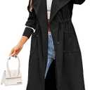 Fazortev Women Coat Pocket Casual Drawstring Waist Open Front Classic Lapel Overcoat S