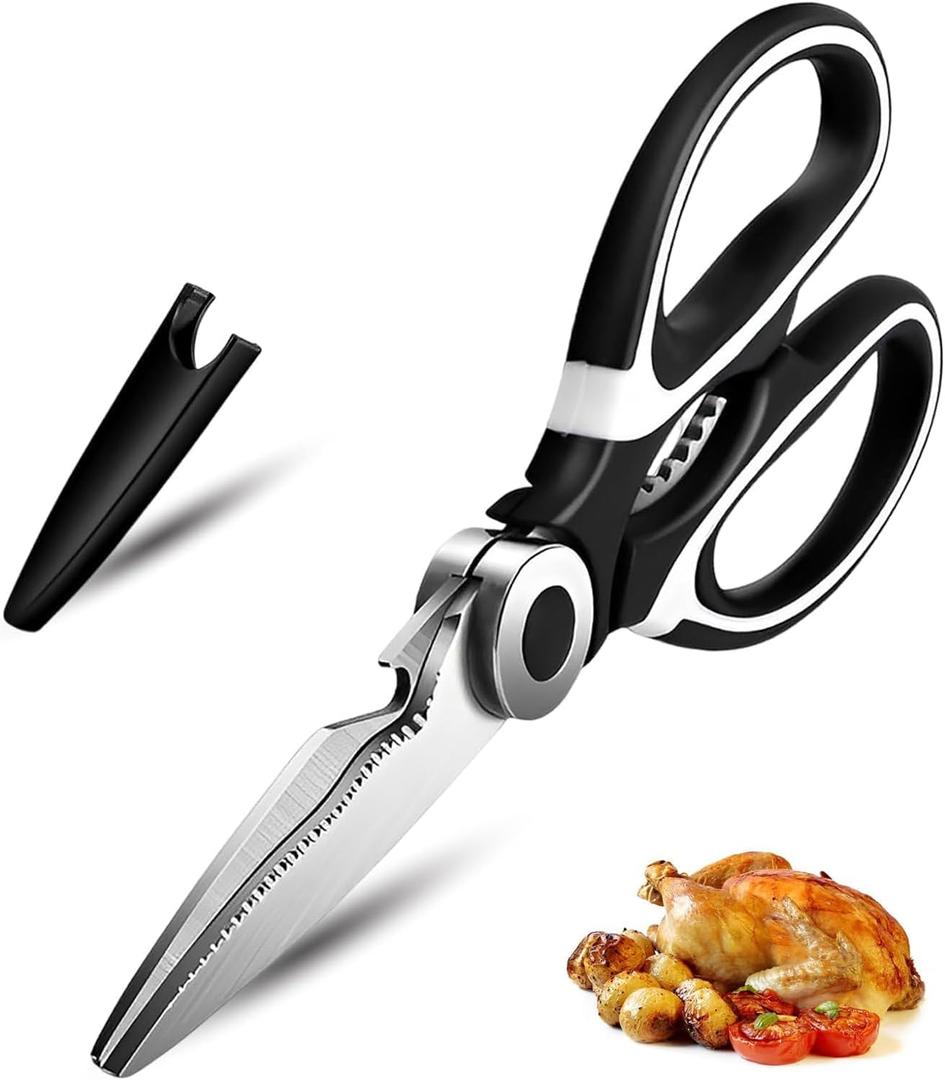 Kitchen Shears - 2025 New Heavy Duty Scissors Multi Purpose Ultra Sharp Stainless Steel Shears for Poultry, Chicken, Fish, Meat, Herbs, Vegetables and BBQ, Black & Silver