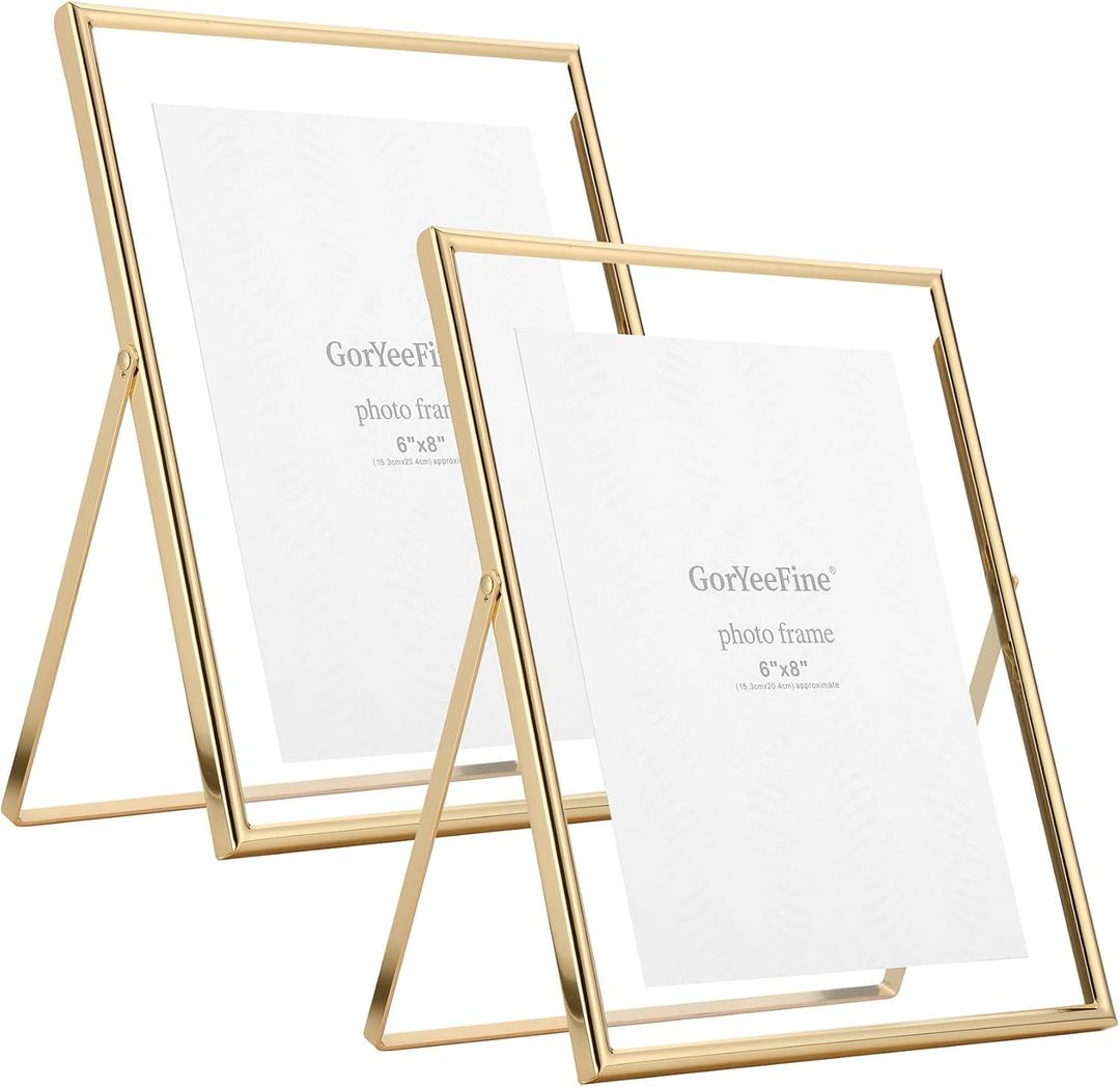 Gold 8x10"Floating Frame 2 Pack,For Picture 4x6'',5x7'',6x8''Adjustable Tabletop/Shelf floating picture frame 5x7'', Classy Gift Choice for Wedding,Thanksgiving,Christmas,Home or Office Decor