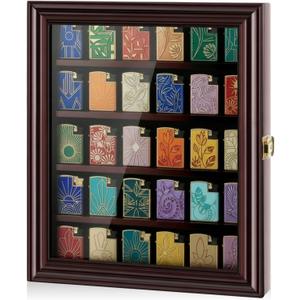 Silipull 30 Lighter Display Case Wall Mount Display Case for Lighter Detachable Wooden Cabinet W/98% UV Acrylic Door Lockable Spoon Storage Box for Collection, 14.1 x 11.42 x 1.57 Inch, Cherry Finish