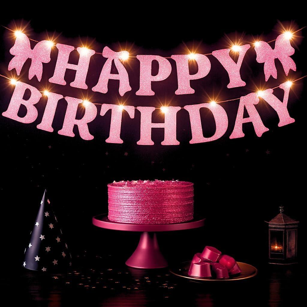KatchOn, Pink Glitter Happy Birthday Banner with Lights - No DIY, 10 Feet | Happy Birthday Bow Banner | Birthday Decorations for Women, Girls | Pink Bow Birthday Decorations KatchOn, Pink Glitter Happy Birthday Banner with Lights - No DIY, 10 Feet | Happy Birthday Bow Banner | Birthday Decorations for Women, Girls | Pink Bow Birthday Decorations